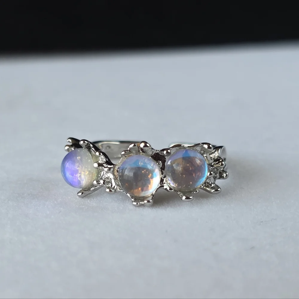 Triple Opalite Orb Moonlight Celestial Open Back Ring Faux Moonstone Opal Size 5